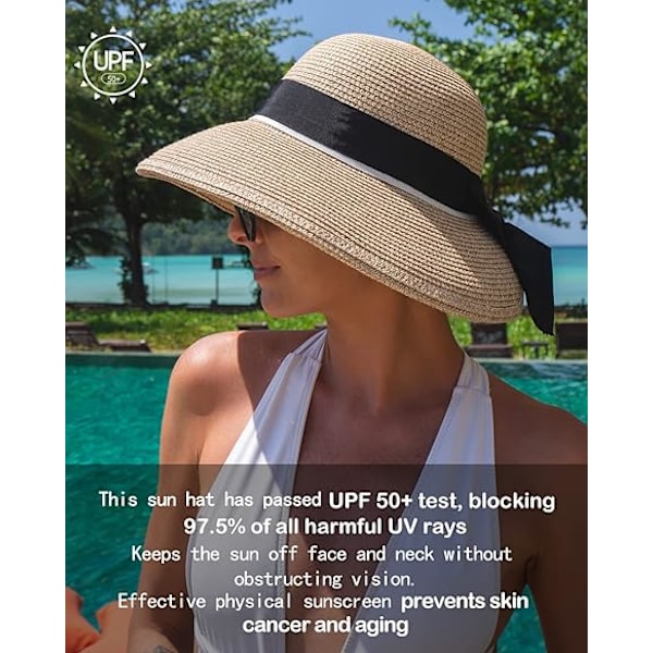 Dam solhattar UPF 50 Bred Brätte Halm Strand Sommarhatt för Kvinnor Fällbar Hästsvans Rosett