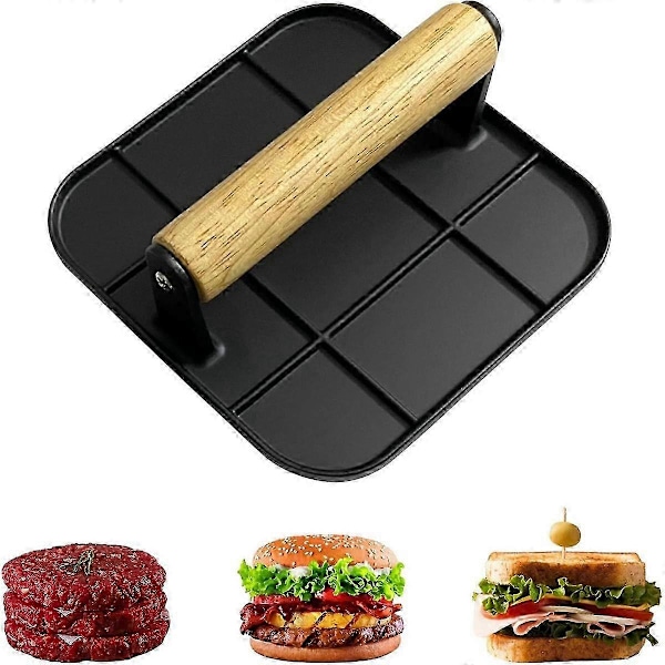 Kødpresse med træhåndtag 15 cm firkantet burgerpresse aluminium hamburger smasher værktøj til grill og stegeplade madlavning