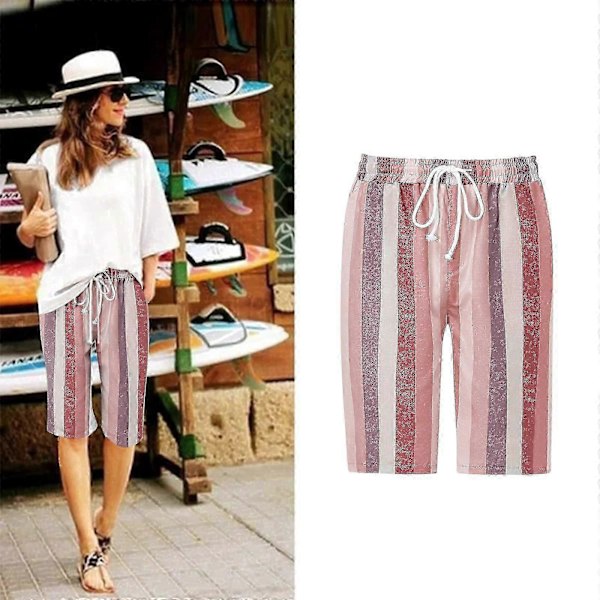 Herr Casual Bomull Linne Shorts, Sommar Färgblock Randiga Dragsko Midja Shorts Red S