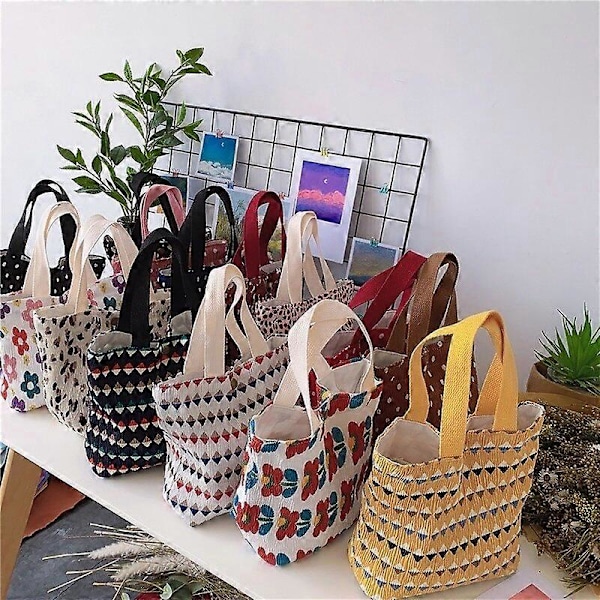 Mini Canvas Tote Vesker for Kvinner 2021 Øko Bomullsstoff Søt Liten Lunsjveske Mote Trykte Håndvesker Barn Stripete Matpose Pakke Lunsjbokser & Totes Yellow