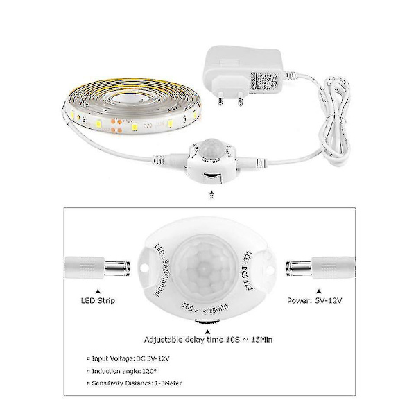 12v LED-remsa med rörelsesensor, vattentät Ip65 (5m, vit)