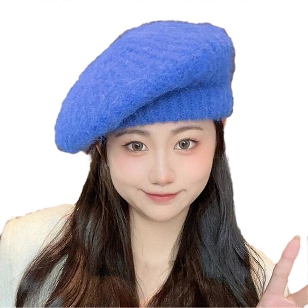 Beret Hat Efterår Vinter Kanin Plys Knittet Åndbar Stilfuld All-match Ensfarvet Elastisk Malerhat Blue One Size