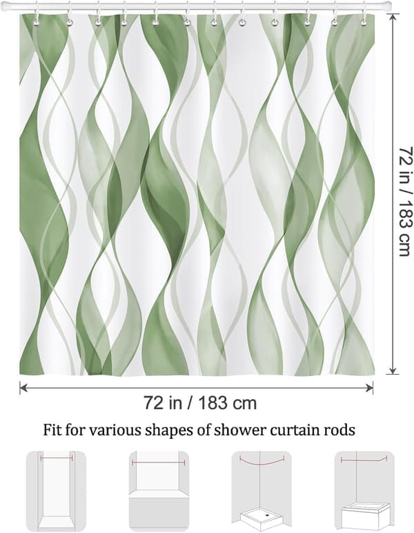 Vågformad gradient duschdraperi - modern minimalistisk stil - 180×180 cm - vattentät och mögelresistent polyester - 12 krokar ingår Grön