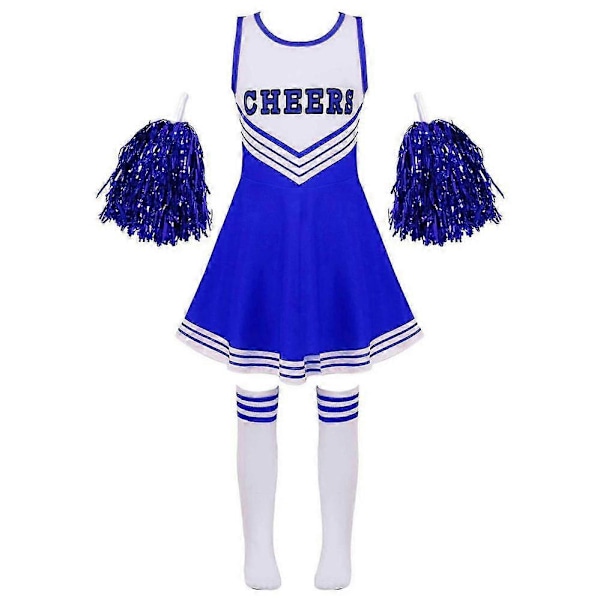 Piger Cheerleading Uniform Dansekostume Børn Cheerleader Outfit Rund Halsudskæring Patchwork Stil Danskjole Blomst og Sokker blue 8-10 Years