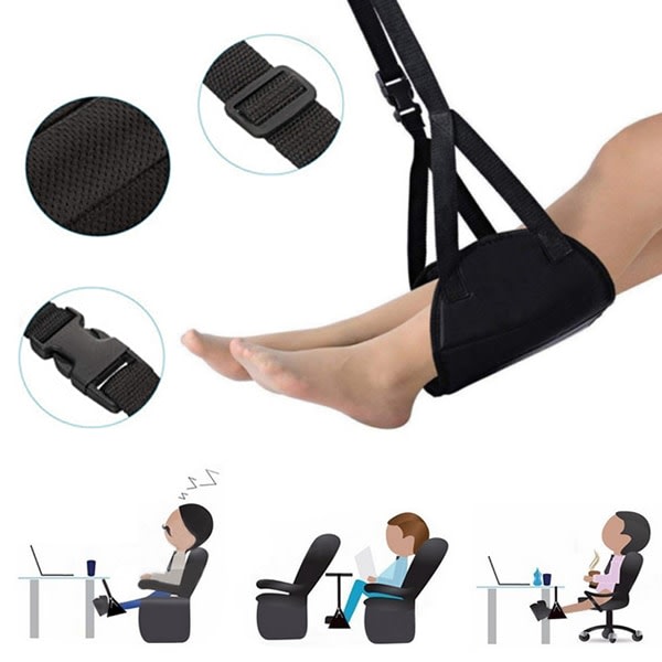 Foot Hammock with Memory Foam Hanging Stool Portable Foot Rest for Office Home Travel Flight Black