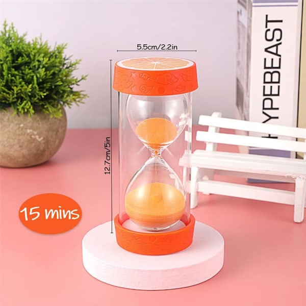 Frukt Timeglass Sand Timer, Sikkerhet Fargerik Klar Mål Sandglass med Beskyttende Deksel Base for Hjem Desk Decor Kjøkken Matlaging Nedtelling Orange 15 min