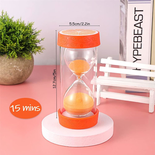 Fruktformad timglas sandtimer, säker färgglad tydlig sandglas med skyddande lockbas för hemmakontorsdekor köksmatlagningsnedräkning Orange 15 min