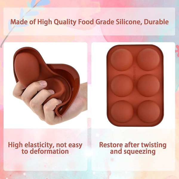 3 stk semi-sfære silikonform for å lage sjokoladebomber kakaobomber, 6 hull halvcirkel