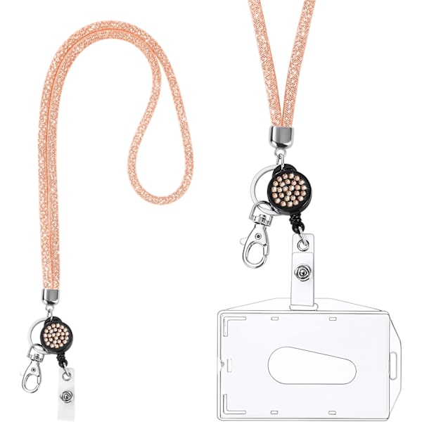 Kortholder med snor, krystalsnor med gennemsigtig ID-kortholder, snor og badgesæt, nøglering badgesholdere og halsrem til nøgler Rose Gold
