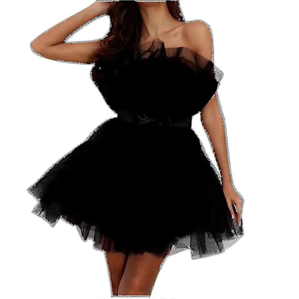 Dame Tyl Kjole Ærmeløs Kort Kjole Ensfarvet Mesh Prinsesse Stropløs Festkjole_x Black 34