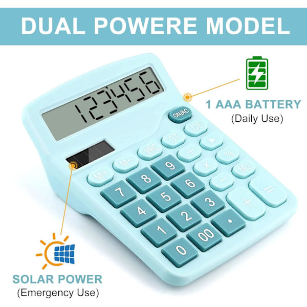 Bordberegner, 12-cifret Dual Solar Batteri Beregnere med Stor LCD-skærm, Kontorberegner med Store Knapper, Standard Bordberegner BLUE