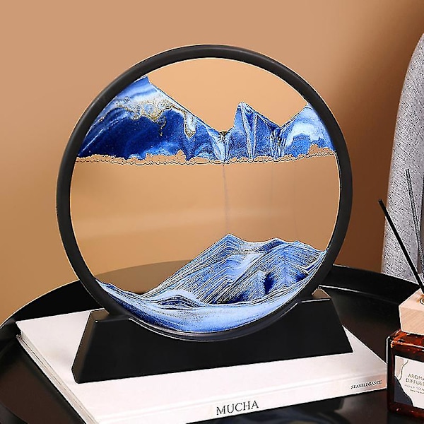 Bevægeligt Sandkunstbillede Rundt Glas - 3D Naturlandskab Flydende Sandramme Tidsglas Dekoration Blue 7in