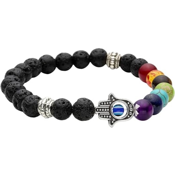 Chakra Lava Stein Armbånd Kvinner Menn Hamsa Hånd Ondt Øye Helbredende Krystaller Edelstener Yoga Meditasjon Lykke til