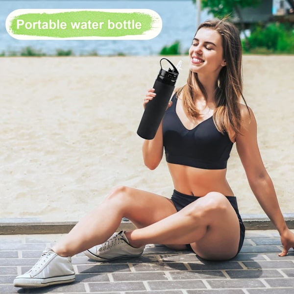 Taitettava silikoninen vesipullo 600 ml:n tilavuus, vuototiivis taittuva vesipullo, BPA-vapaa silikoninen urheiluvesipullo, ultralievä