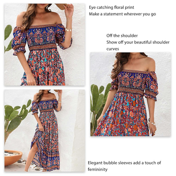 Dame Trykket Maxikjole Kort Pufferme Elastisk Rynket Byste Off Shoulder Lang Kjole Rød Base XL