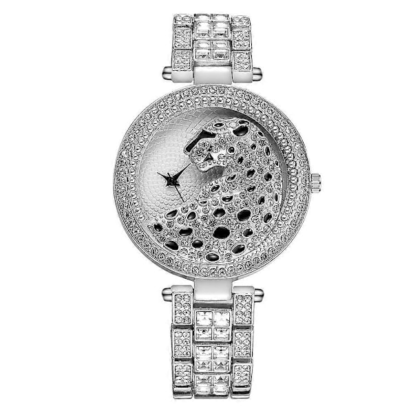 Guld Leopard Klocka Bling Dam Kvarts Klocka Silver