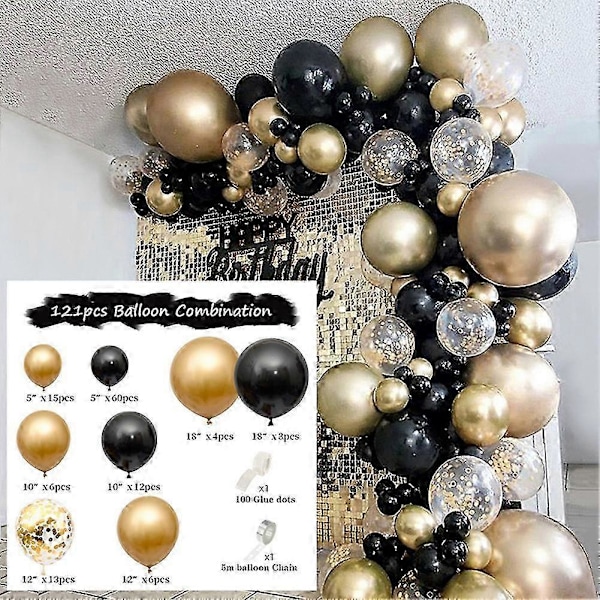 121 stk. Guld Sort Balloner Bue Guirlande Sæt Guld Paillet Balloner til Bryllup Dimission Fødselsdag Julefrokost Dekoration