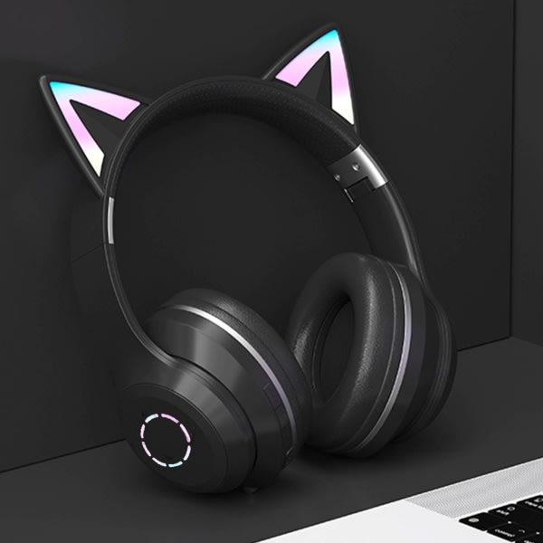 Over-Ear-hodetelefoner for barn trådløse Bluetooth søte katteører RGB sammenleggbar lyd med mikrofon for jenter volumkontroll headset for kvinner Svart