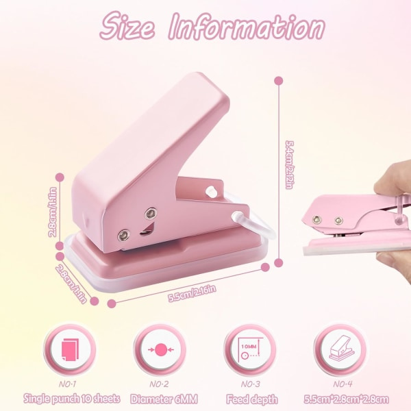 2-pak mini hulmaskine 6mm 1/4 tommer cirkel hul 10 ark hulkapacitet lille bærbar hulmaskine til papir spånplade indekskort kort S pink & lilla