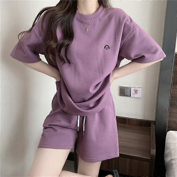 Sommerantrekk for dame, korte sett, koreansk motedress, avslappet O-hals, shorts og korte ermer, todelt sett purple XXL