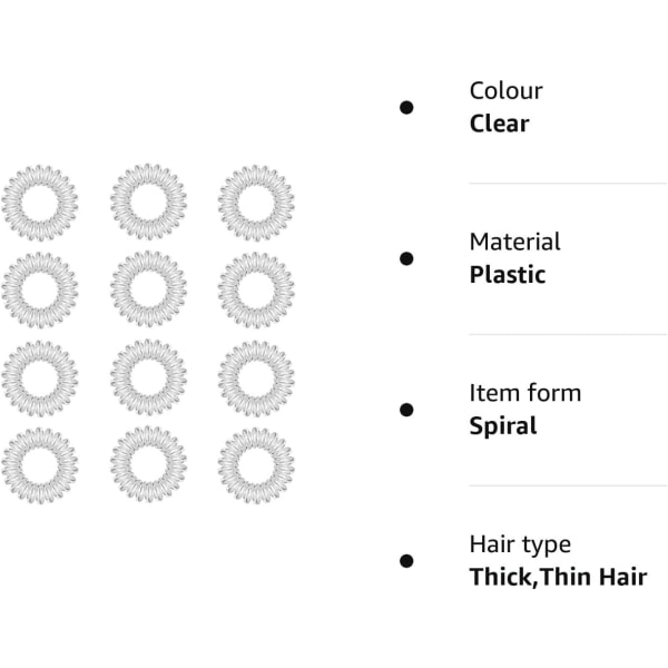 Spiral hårbånd, 12 stk klar plast hårspiralbånd, spiral hestehaleholder Telefonledning Bobbles-båndsett for kvinner jenter hårtilbehør clear