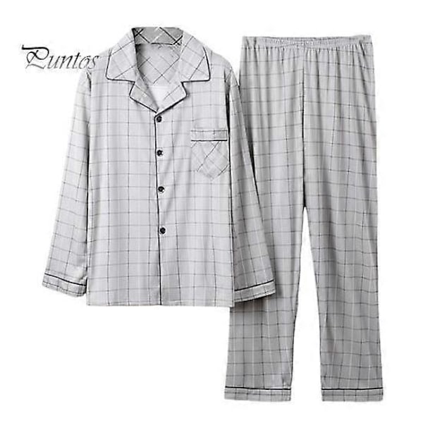 2 stk./sæt Herre Pyjamas Sæt Plaid Print Revers Langærmet Enkeltknappet Skjorte Elastisk Talje Lange Bukser Sæt Løs Pasform Loungewear Sæt light grey XXL