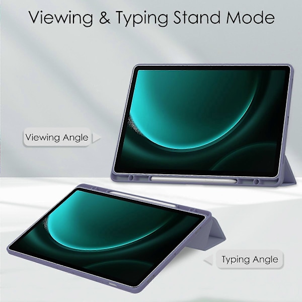 Kirkas suojakotelo Samsung Galaxy Tab S9 FE Plus -tabletille, kynäpaikka, kolmiosainen jalustakotelo Purple