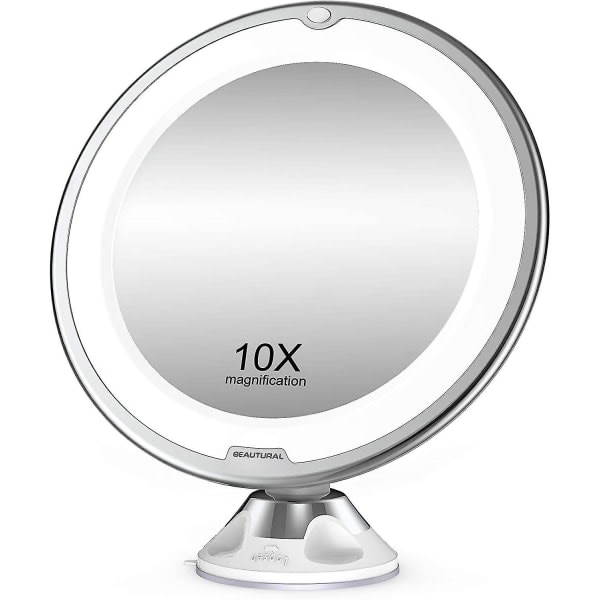 10x forstørrelsesglas makeup spejl med LED lys 1 kugleled 360 justerbart beslag Bærbart makeup spejl, til badeværelse, rejser