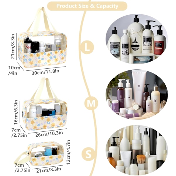 Gjennomsiktig toalettveske 3 stk, vanntett toalettveskesett i PVC, sminkeveske med stor kapasitet og håndtak, reisekosmetikkveske for menn og kvinner 2024 Yellow