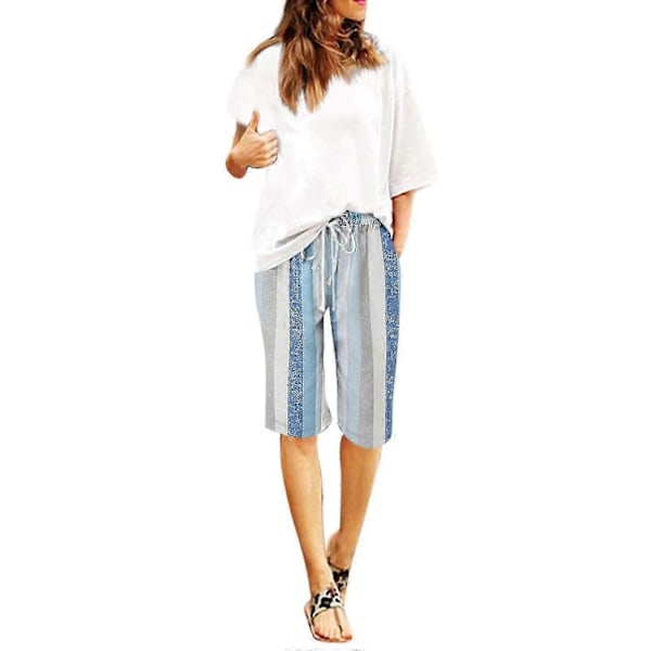 Herr Casual Bomull Linne Shorts, Sommar Färgblock Randiga Dragsko Midja Shorts Light blue XL