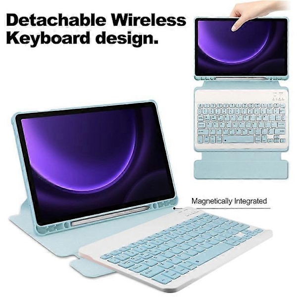 Kompatibelt Skal för Samsung Galaxy Tab S9 FE Läder+Akryl Roterande Ställskydd med Bluetooth-tangentbord Azure
