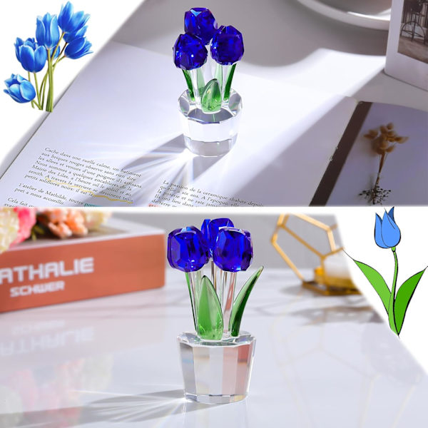 Krystall Tulipan Blomsterbukett Figur Samleobjekter Gaver til Kvinner, Glass Blomster Midtstykke Ornamenter til Jul Bursdag med 3 Blomster Blue