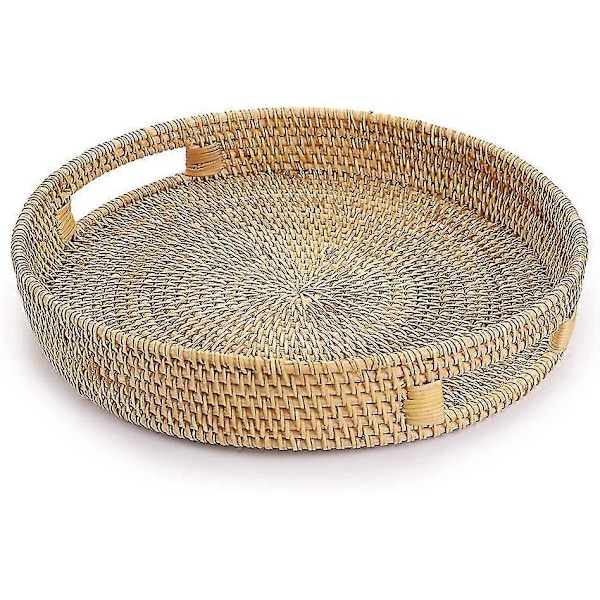 Rund Rattan Vævet Serveringsbakke Dekorativ Displaybakke Opbevaringsfade Med Håndtag Bordplade Organizer Bakke Til Kaffe, Drikke, Morgenmad, Te, Lys