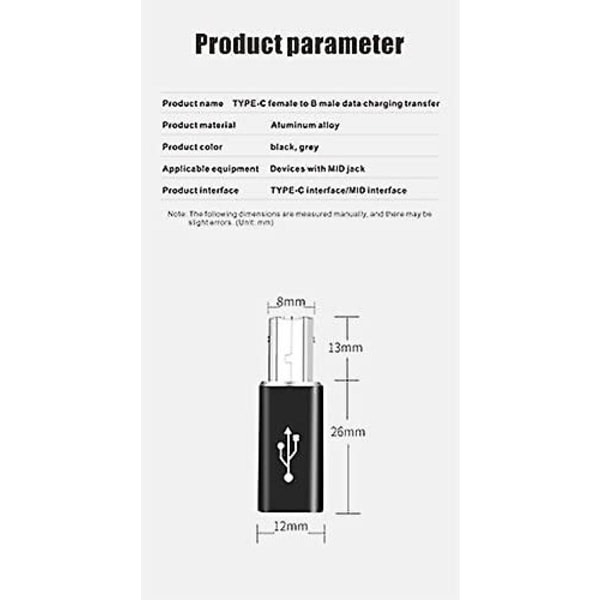 USB C til USB B adapter (2-pak), kompatibel med printere, MIDI, elektriske klaverer, synthesizere og flere Type-C-enheder/laptops osv. （SORT）
