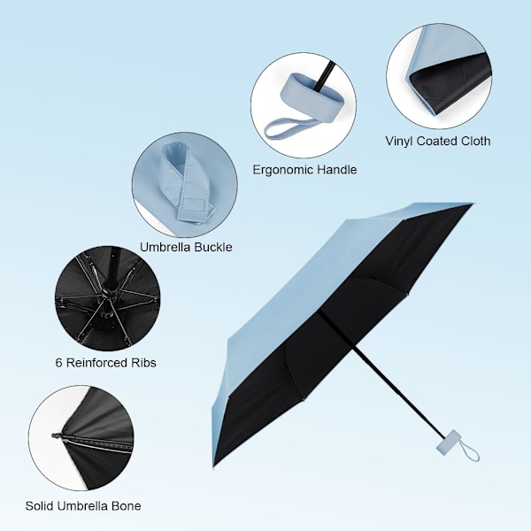 Reiseparaply, 6 ribber miniparaply liten UV-paraply, sammenleggbar solparaply vindtett regnparaply med kapselveske, sammenleggbar lommeparaply