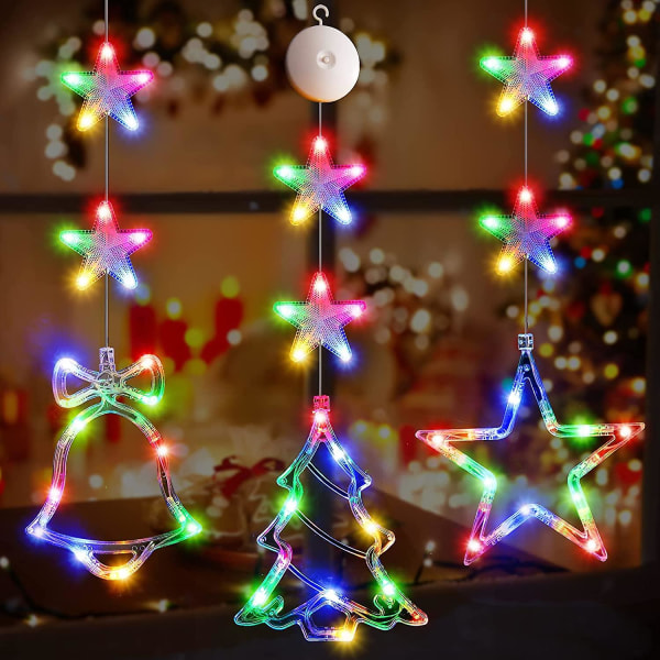3 stk julevinduslys dekorasjoner, batteridrevet julevindu hengende flerfarget opplyst treklokke Stjerneformet led sugelampe til jul