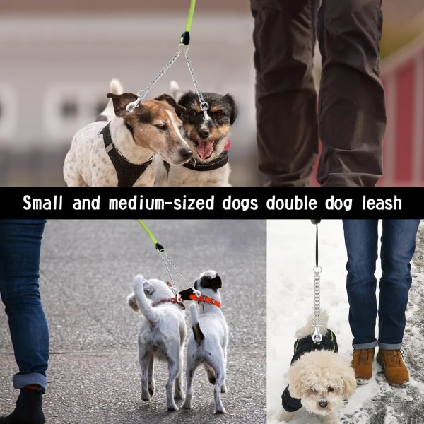 Dubbel hundkopplare i metall, trasselfri, tuggsäker hållbar hundkedja för hundkoppel förlängning för 2 hundar