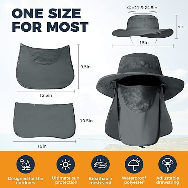 Bucket Hat Menn, 3 i 1 Solhatt med Nakkeklaff og Ansiktsdeksel, UV Solbeskyttelse Bred Bremskjerm Hat Fiskehette, Vanntett Bucket Hat