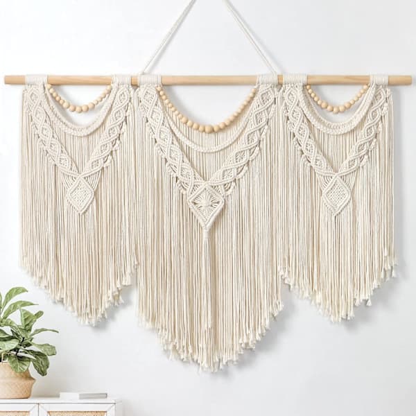 Makrame Väggbonad Stor Boho Chic Vävd Gobeläng Blad Tofs Konstgjord Bomullsrep Bohemian Makrame Väggdekor för Sovrum Vardagsrum Hem