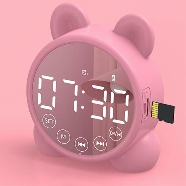 Børnevækkeur Bluetooth-højttaler Sengelampe Vækkeur, spejl Digital Timer, Børns Søvntræner Pink