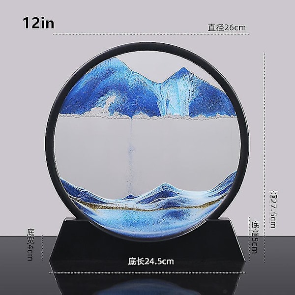 Bevægeligt Sandkunstbillede Rundt Glas - 3D Naturlandskab Flydende Sandramme Tidsglas Dekoration Blue 12in