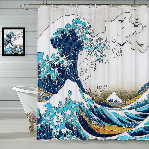 Kanagawa japansk vågduschdraperi 180 X 180 cm (bambustil) Badgardin Polyestertyg Mögelsäker vattentät tvättbar badrumsgardin med 1