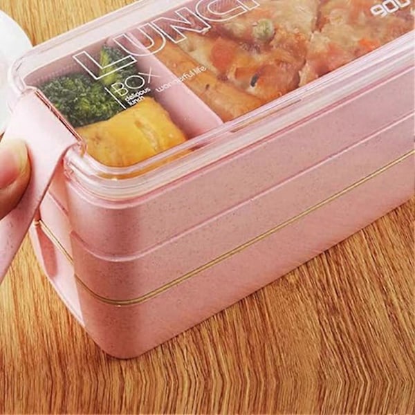 Bärbar Bento Box, 3-lagers Lunchlåda, 900ML Matlåda i Vetestrå, Grön