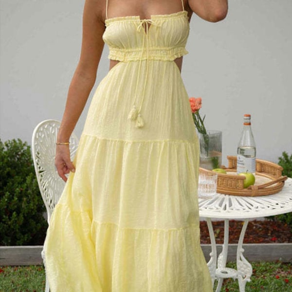 Dame Y2k Bodycon Lang Kjole Spaghetti Strop Lavt Skåret Kjole Sexet Rygløs Høj Slids Maxi Kjole Clubwear Yellow XL