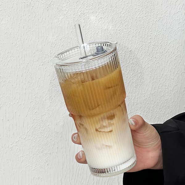 Glaskopp med lock och sugrör 600ml Kaffe Öl Resa Smoothie Muggar Läckagesäker design för kaffe, cocktail, te (1 styck)