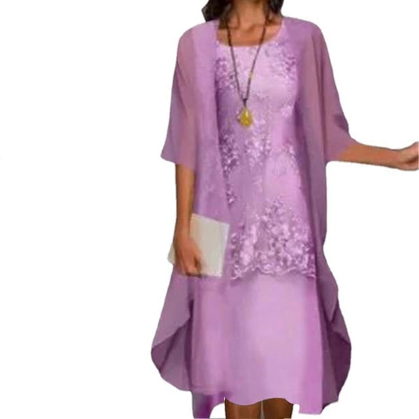 1 Set Vår Sommar Kontorsdam Cardigan Klänning Blommigt Tryck Stor Fåll Elegant Chiffon Klänningsset För Fest Purple XL