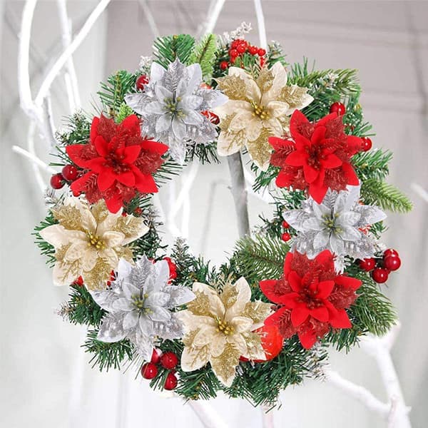 Kunstig juletre blomsterdekorasjon 6 stk paljetter juleblomst jul