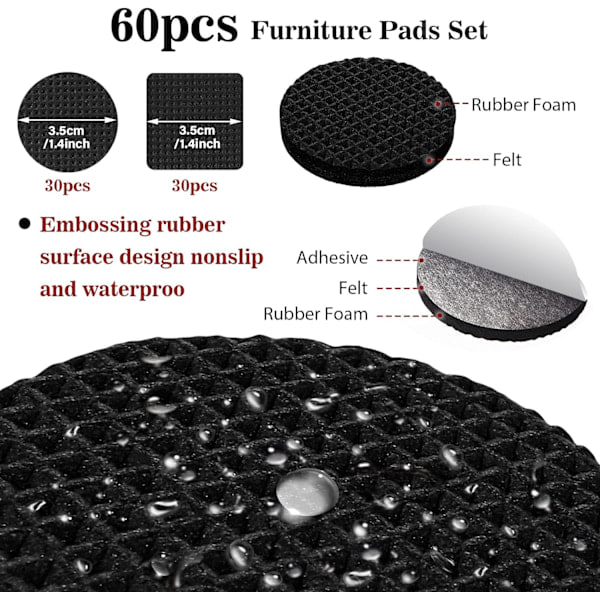 Antislip möbeldynor - 60 st självhäftande gummifötter dynor möbelgrepp stolsbensdynor - Anti-scratch möbelfotskydd för
