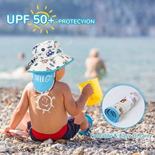 Solhat til småbørn, sommerhat med bred skygge, strandhat med hagerem, UPF50 dinosaurklap til børn 2-10 år