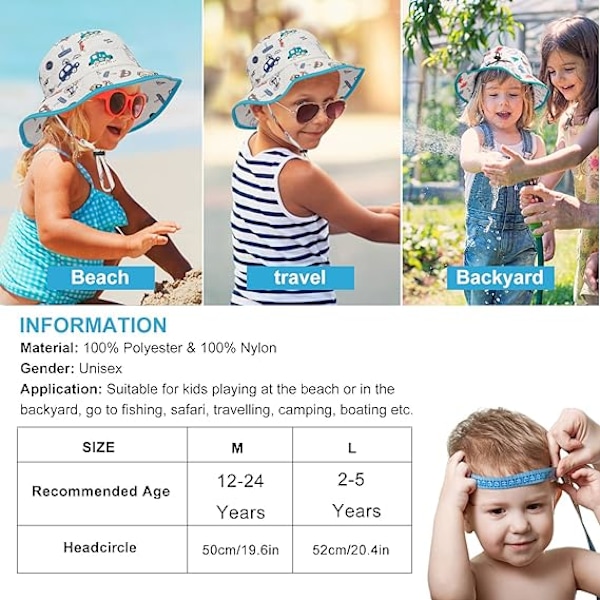 Solhat til småbørn, sommerhat med bred skygge, strandhat med hagerem, UPF50, dinosaurklaphat til børn, 2-10 år